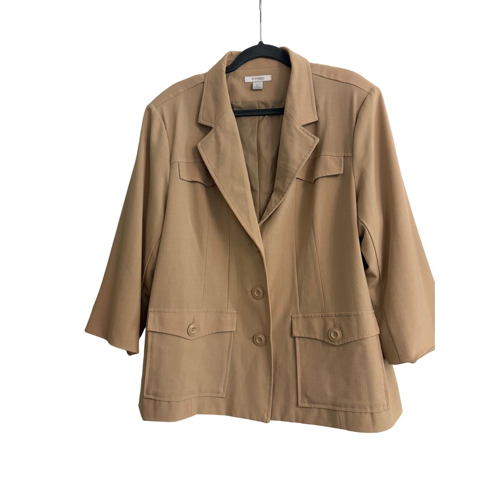 Dressbarn Woman Camel Tan 3/4 Sleeve Utility Blazer Jacket 2X Plus Size